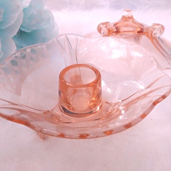 Pink Depression Glass Candlesticks Lattice Pattern - Picture 2 of 6